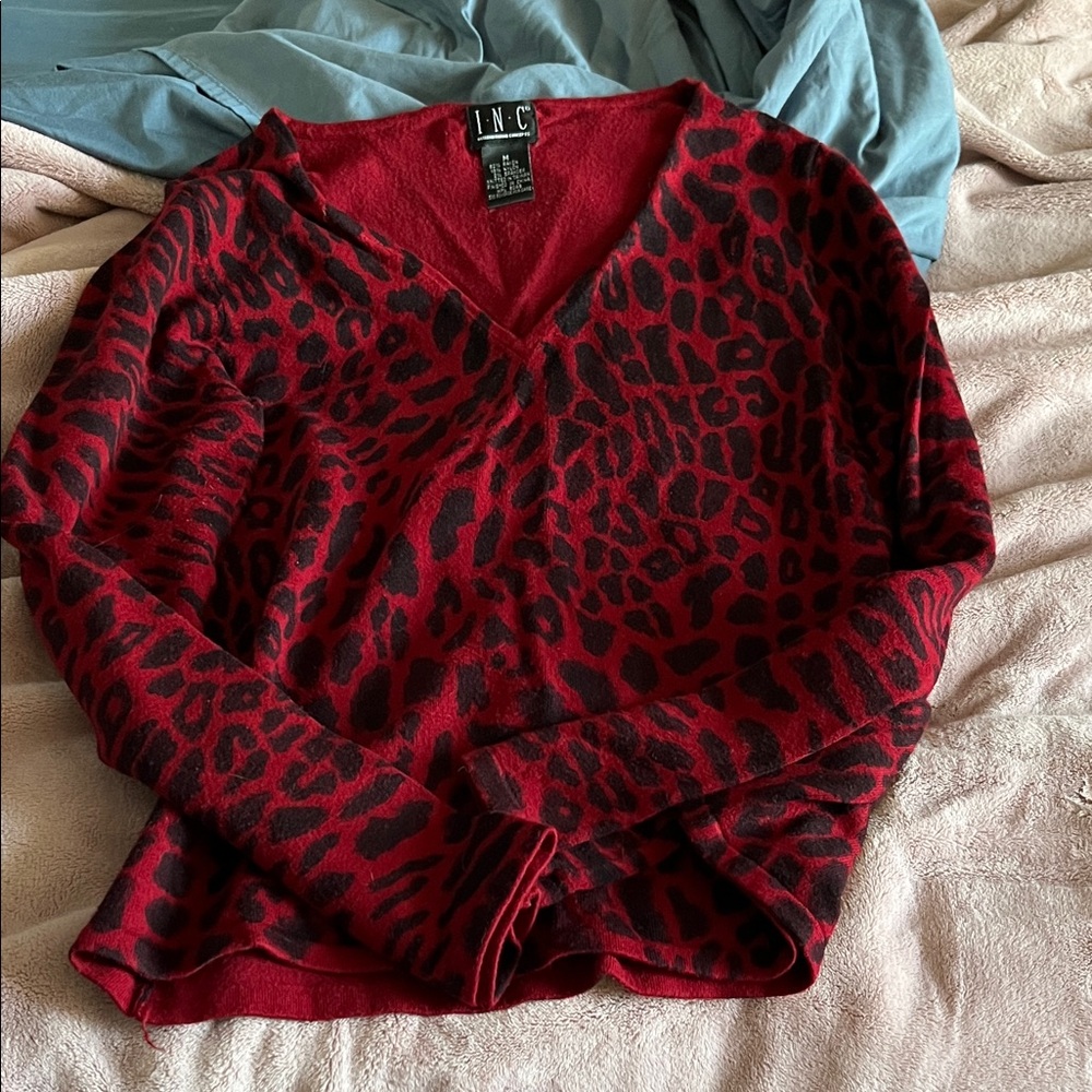 INC International Concepts Women's V-Neck Red Animal Print Sweater